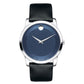 Movado Museum Blue dial Silver tone case on Black Leather strap 40mm 0606610