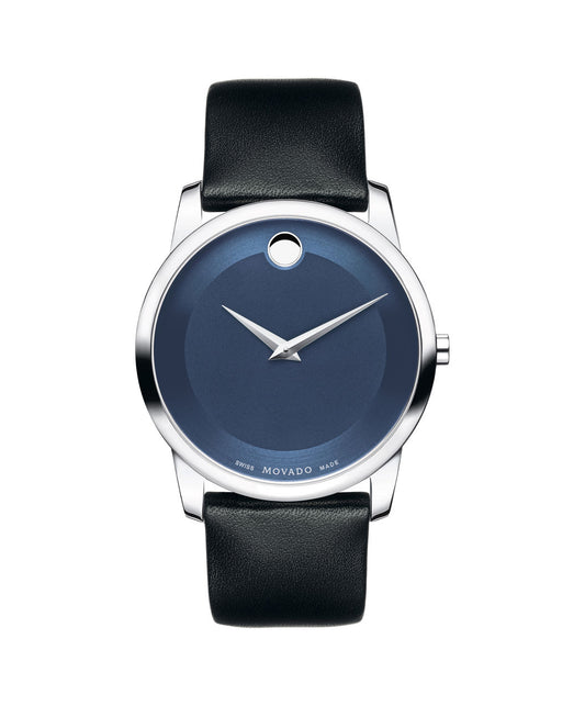 Movado Museum Blue dial Silver tone case on Black Leather strap 40mm 0606610