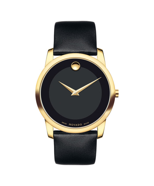 Movado Museum Dial Gold tone case on Black Leather strap 40mm 0606876
