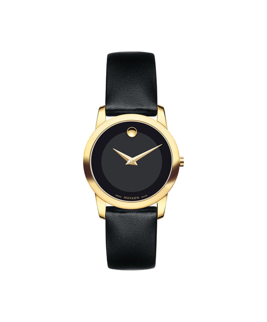 Movado Museum Dial Gold tone case on Black Leather strap 28mm 0606877