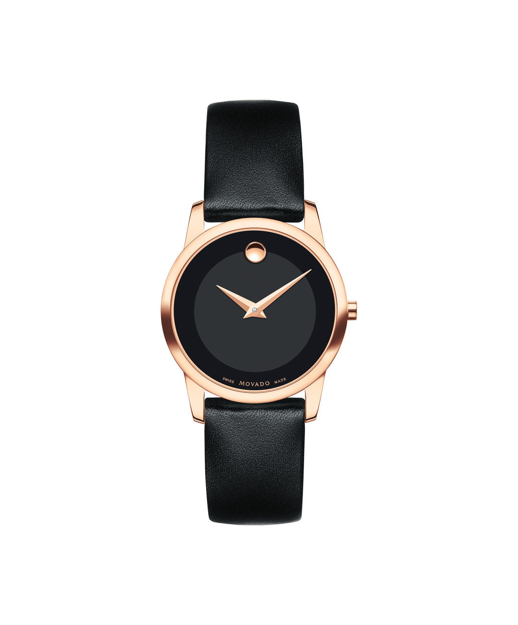 Movado Museum Dial Rose tone case on Black Leather strap 28mm 0607079