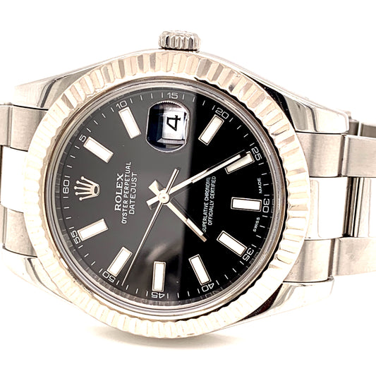 Rolex 116334 Datejust II 18k White Gold Fluted Bezel Black Stick Index