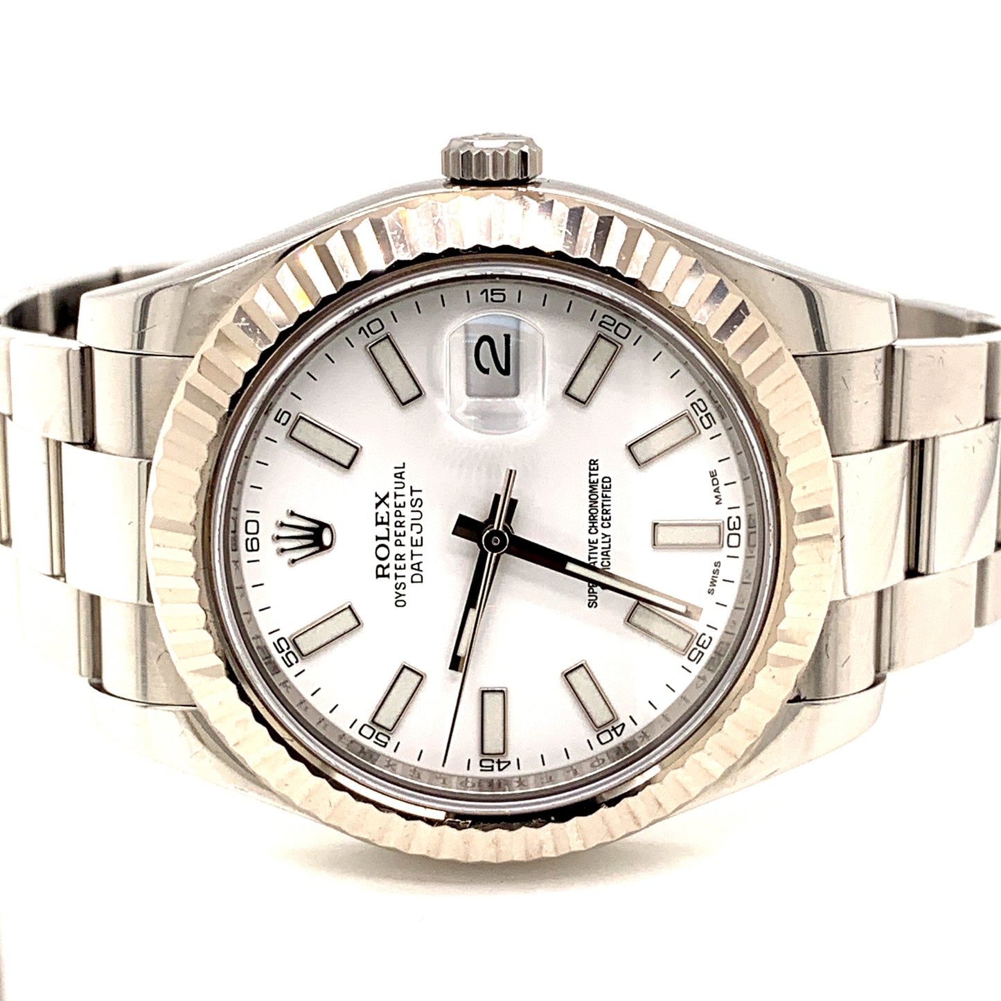 Rolex 116334 Datejust II 18k White Gold Fluted Bezel White Stick