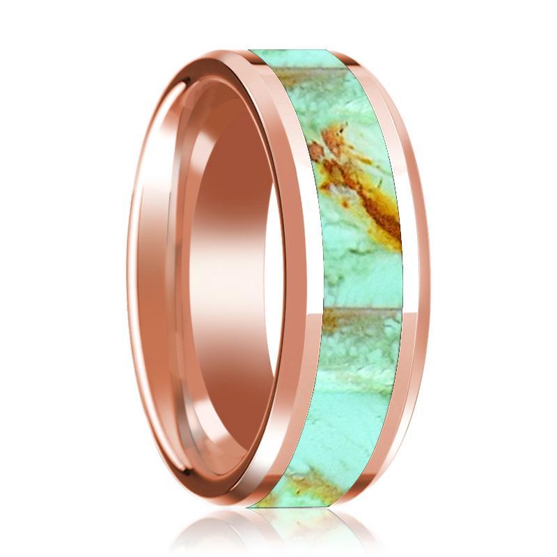 14K Rose Gold Wedding Band Inlaid with Turquoise Stone Beveled Edge Polished Ring - AydinsJewelry