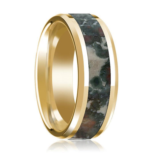 Yellow Gold Wedding Band 14k with Coprolite Inlay Beveled Edge Polished Design