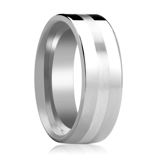 Tungsten Carbide Wedding Band with Sterling Silver Stripe Inlay Flat Polished Finish 6mm, 8mm