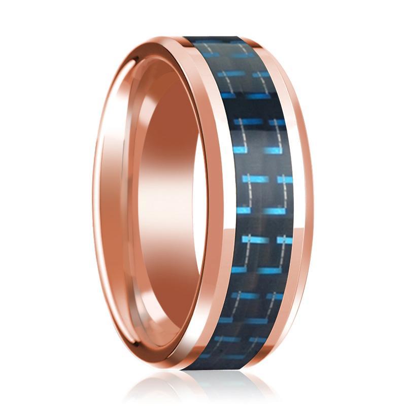 Black & Blue Carbon Fiber Inlaid Wedding Band 14K Rose Gold Beveled Edge Polished Design