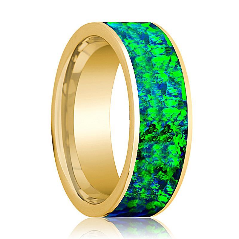 Mens Wedding Band 14K Yellow Gold with Emerald Green and Sapphire Blue Opal Inlay Flat Polished Design - AydinsJewelry