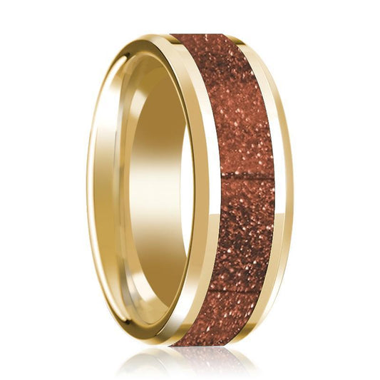 14K Yellow Gold Wedding Band with Orange Goldstone Inlay Beveled Edge Polished Design - AydinsJewelry