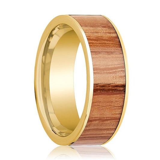 Mens Wedding Band 14k Yellow Gold with Red Oak Wood Inlay - 8mm - AydinsJewelry