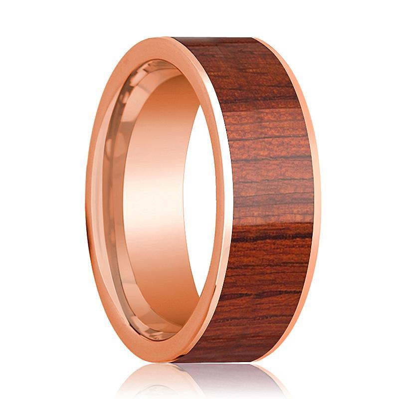 Mens Wedding Band Polished Flat 14k Rose Gold Wedding Ring with Padauk Wood Inlay - 8mm - AydinsJewelry
