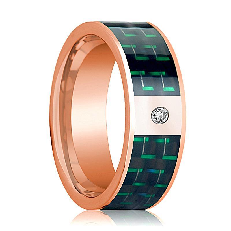 Mens Wedding Band 14K Rose Gold and Diamond with Black & Green Carbon Fiber Inlay Flat Polished Design