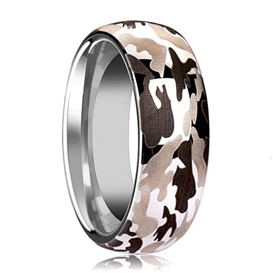 Tungsten Camo Ring - Black and Gray Camo - Tungsten Wedding Band - Domed - Polished Finish - 6mm - 8mm - 10mm - Tungsten Wedding Ring