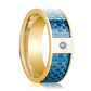 Mens Wedding Band 14K Yellow Gold and Diamond with Blue Carbon Fiber Inlay Flat Polished Design