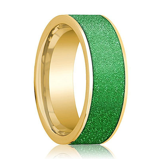 Mens Wedding Band 14K Yellow Gold with Textured Green Inlay Flat Polished Design - AydinsJewelry