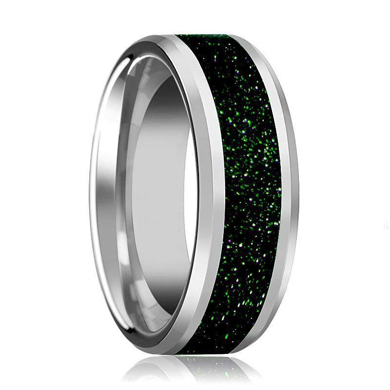 Tungsten Green Goldstone Inlay - Tungsten Wedding Band - Beveled - Polished Finish - 8mm - Tungsten Wedding Ring - AydinsJewelry