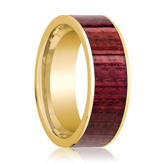 Mens Wedding Band Polished 14k Yellow Gold Men’s Wedding Ring with Purpleheart Wood Inlay  - 8mm - AydinsJewelry