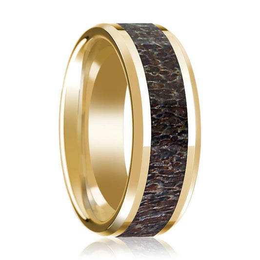 14K Yellow Gold Wedding Ring Dark Deer Antler Inlay Beveled Edge and Polished - AydinsJewelry