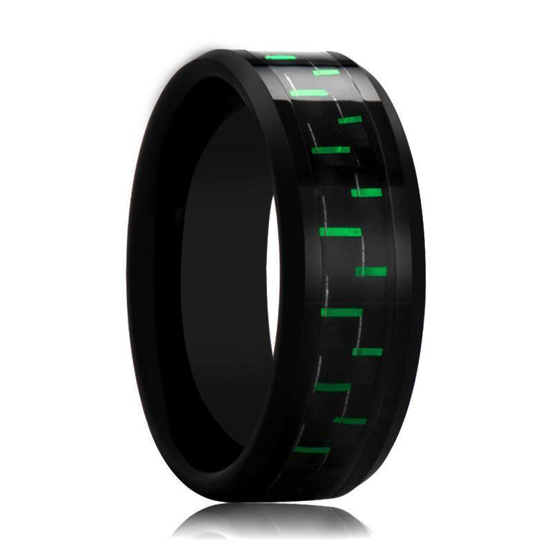 Black Tungsten Ring with Green Carbon Fiber Inlay