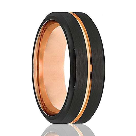 GUARDIAN Rose Gold Ring Grooved Black Tungsten Ring