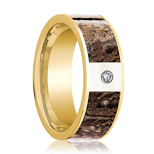 Dinosaur Bone Ring - Brown Dinosaur Bone - Flat Polished 14K Yellow Gold and Diamond - Polished Finish - 8mm - 14k Gold Wedding Ring - AydinsJewelry