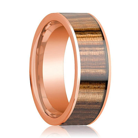 Mens Wedding Band Polished 14k Rose Gold & Zebra Wood Inlay Flat - 8mm - AydinsJewelry