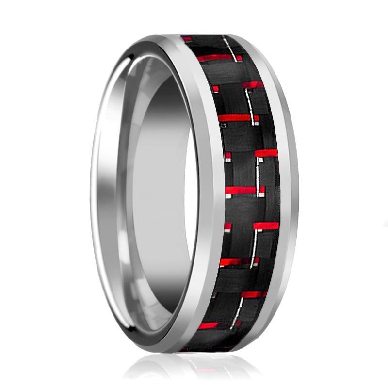 Tungsten Red Carbon Fiber Inlay Beveled Edges 6mm, 8mm Tungsten Carbide Wedding Ring