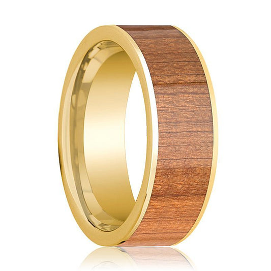 Mens Wedding Band 14k Yellow Gold Flat Wedding Ring with Sapele Wood Inlay Polished - 8mm - AydinsJewelry