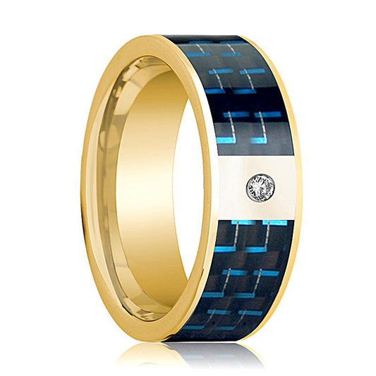 Mens Wedding Band 14K Yellow Gold and Diamond with Black & Blue Carbon Fiber Inlay Flat Polished Design