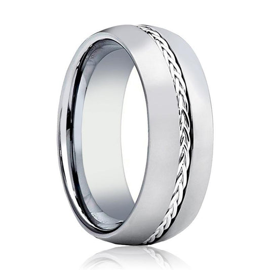 Mens Tungsten Wedding Band Polished w/ Sterling Silver Braided Insert Center 8mm Tungsten Carbide Ring