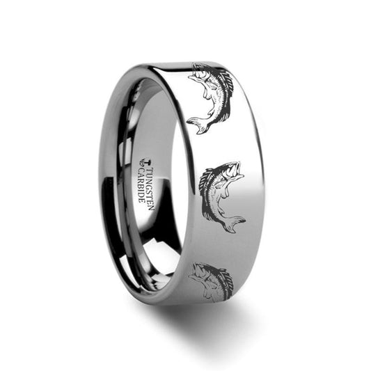 Sea Pattern - Bass Fish Jumping - Sea Print Ring - Laser Engraved - Flat Tungsten Ring - 4mm - 6mm - 8mm - 10mm - 12mm - AydinsJewelry