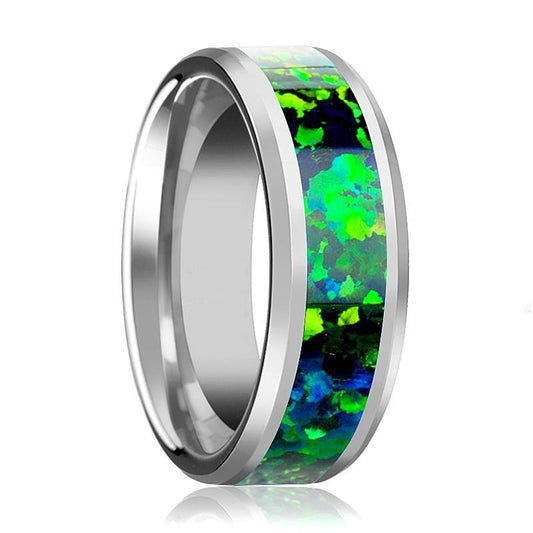 Tungsten Opal Ring - Green Blue Opal Inlay - Tungsten Wedding Band - Beveled - Polished Finish - 6mm - 8mm - Tungsten Wedding Ring - AydinsJewelry