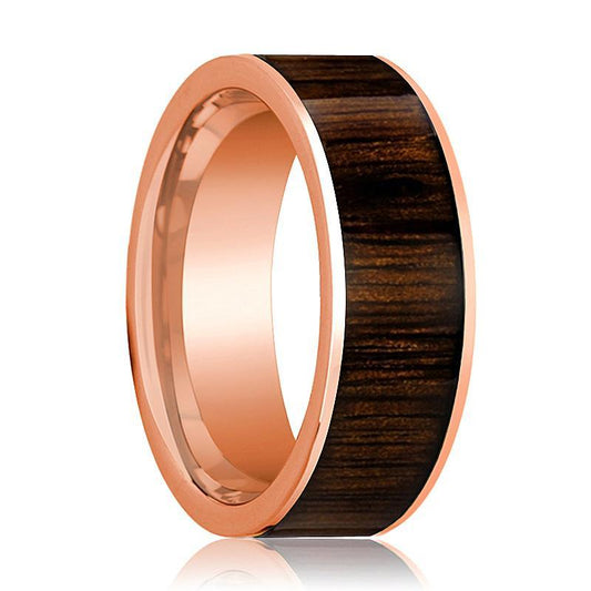 Mens Wedding Band Polished Flat 14k Rose Gold Wedding Ring with Black Walnut Wood Inlay - 8mm - AydinsJewelry