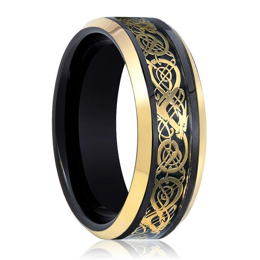 Black Tungsten Polished w/ Gold Celtic Design Cutout Inlay