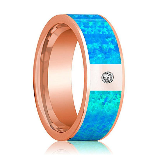 Mens Wedding Band 14K Rose Gold with Blue Opal Inlay and Diamond Flat Polished Design - AydinsJewelry