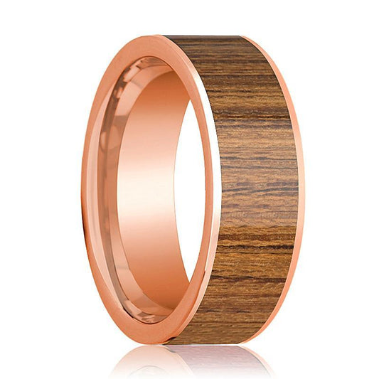Mens Wedding Band Polished Flat 14k Rose Gold Wedding Ring with Teak Wood Inlay - 8mm - AydinsJewelry