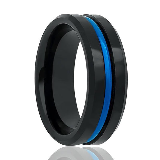 High Polished Tungsten Mens Wedding Band Black w/ Blue Groove 8mm Tungsten Carbide Ring