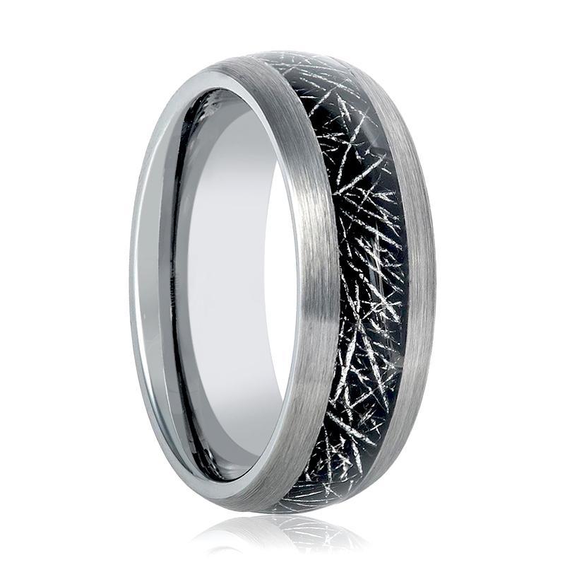 Mens Tungsten Wedding Band Ring w/ Black Meteorite Inay 8mm Tungsten Carbide