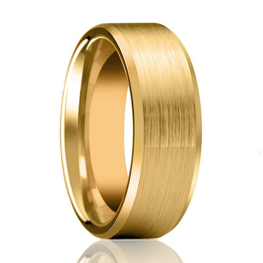 Gold Brushed Flat Tungsten Ring Wedding Band with Beveled Edge 6mm, 8mm Tungsten Carbide Wedding Ring