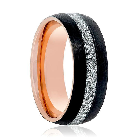 Rose Gold & Black with Meteorite Inlay Tungsten Mens Ring 8mm Tungsten Carbide Wedding Band