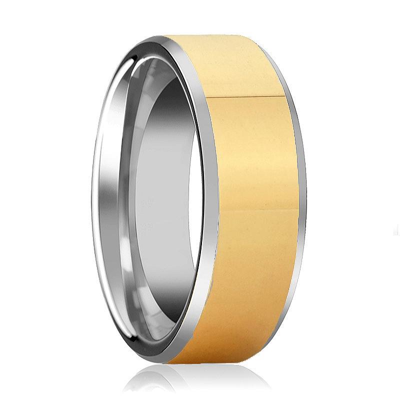 Mens and Womens Tungsten Carbide Wedding Band Ring Polished Gold Center Beveled Edge 6mm, 8mm