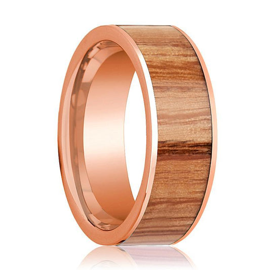 Mens Wedding Band Polished Flat 14k Rose Gold Wedding Ring with Red Oak Wood Inlay - 8mm - AydinsJewelry