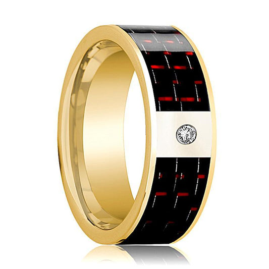 Mens Wedding Band 14K Yellow Gold and Diamond with Black & Red Carbon Fiber Inlay Flat Polished Design