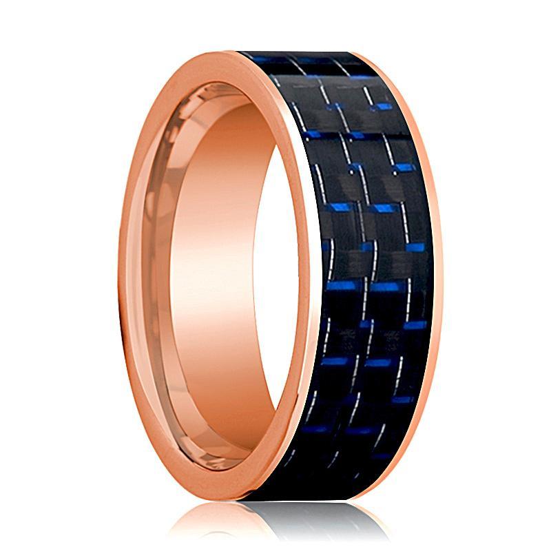 Mens Wedding Band 14K Rose Gold with Blue & Black Carbon Fiber Inlay Flat Polished Design