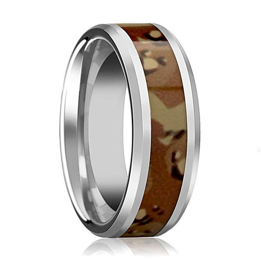 Military Camo Ring - Desert Camo - Tungsten Wedding Band - Beveled - Polished Finish - 8mm - Tungsten Wedding Ring