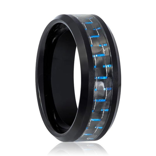 Tungsten Ring Black Shiny Polished w/ Blue Carbon Fiber Inlay