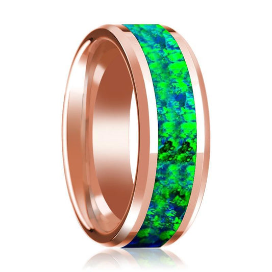 Green & Blue Opal Inlay Beveled Edge Mens Wedding Band 14K Rose Gold Polished Design - AydinsJewelry