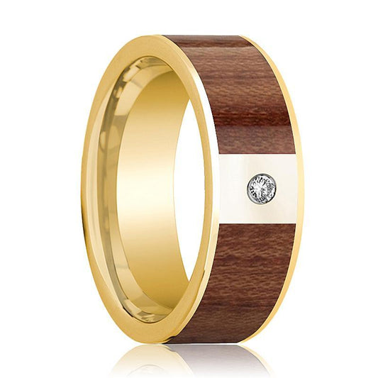 Mens Wedding Band Polished 14k Yellow Gold Men’s Flat Wedding Ring with Rose Wood Inlay & Diamond - 8mm - AydinsJewelry