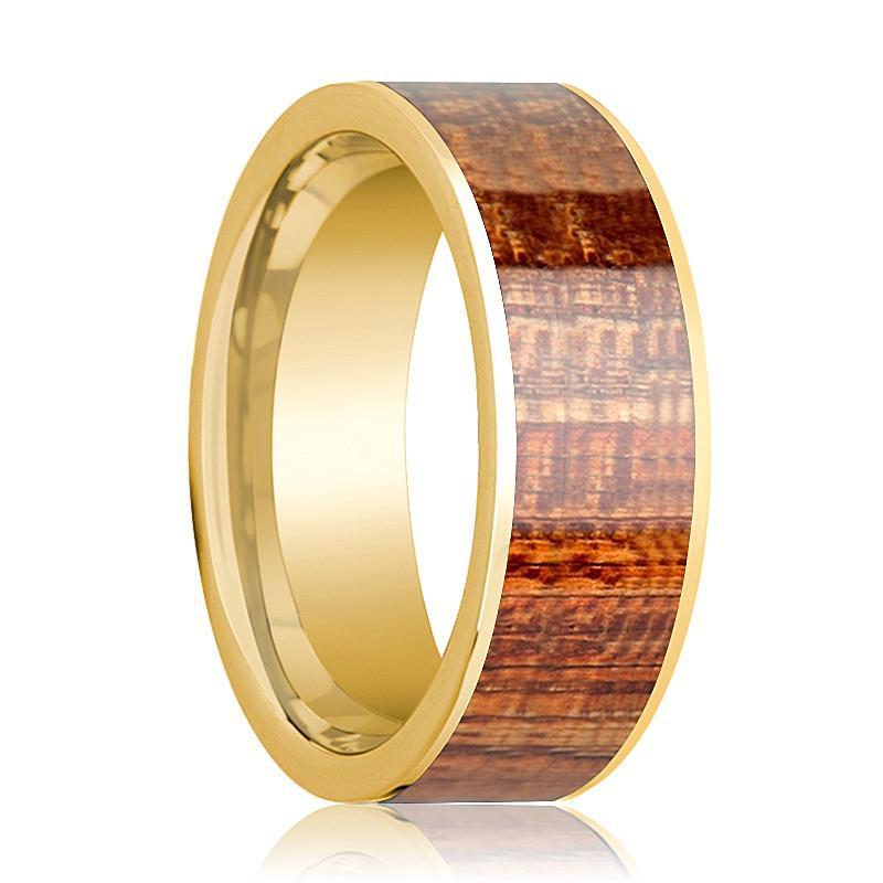 Mens Wedding Ring Polished 14k Yellow Gold Flat Wedding Band with Mahogany Wood Inlay - 8mm - AydinsJewelry