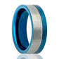 Tungsten Wedding Ring Two-Tone Silver & Off Center Blue Groove Brushed Finish Pipe Cut 8mm Tungsten Carbide Ring